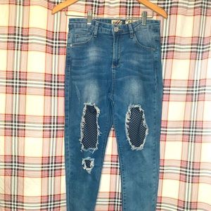 DENIM BLVD Los Angeles DISTRESSED FISHNET JEANS